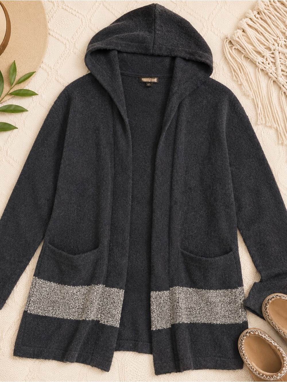 Barefoot Dreams Charcoal Hooded Open-Front Cardigan with Light Gray Stripes